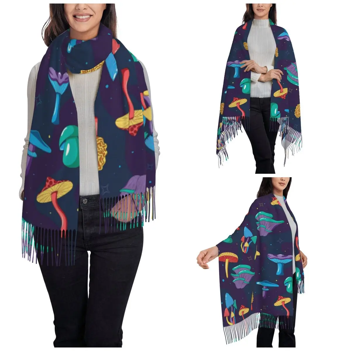 Psychedelic Mushrooms Hippie Scarf for Women Fall Winter Cashmere Shawls and Wrap Single-sided Pattern Scarves with Tassel