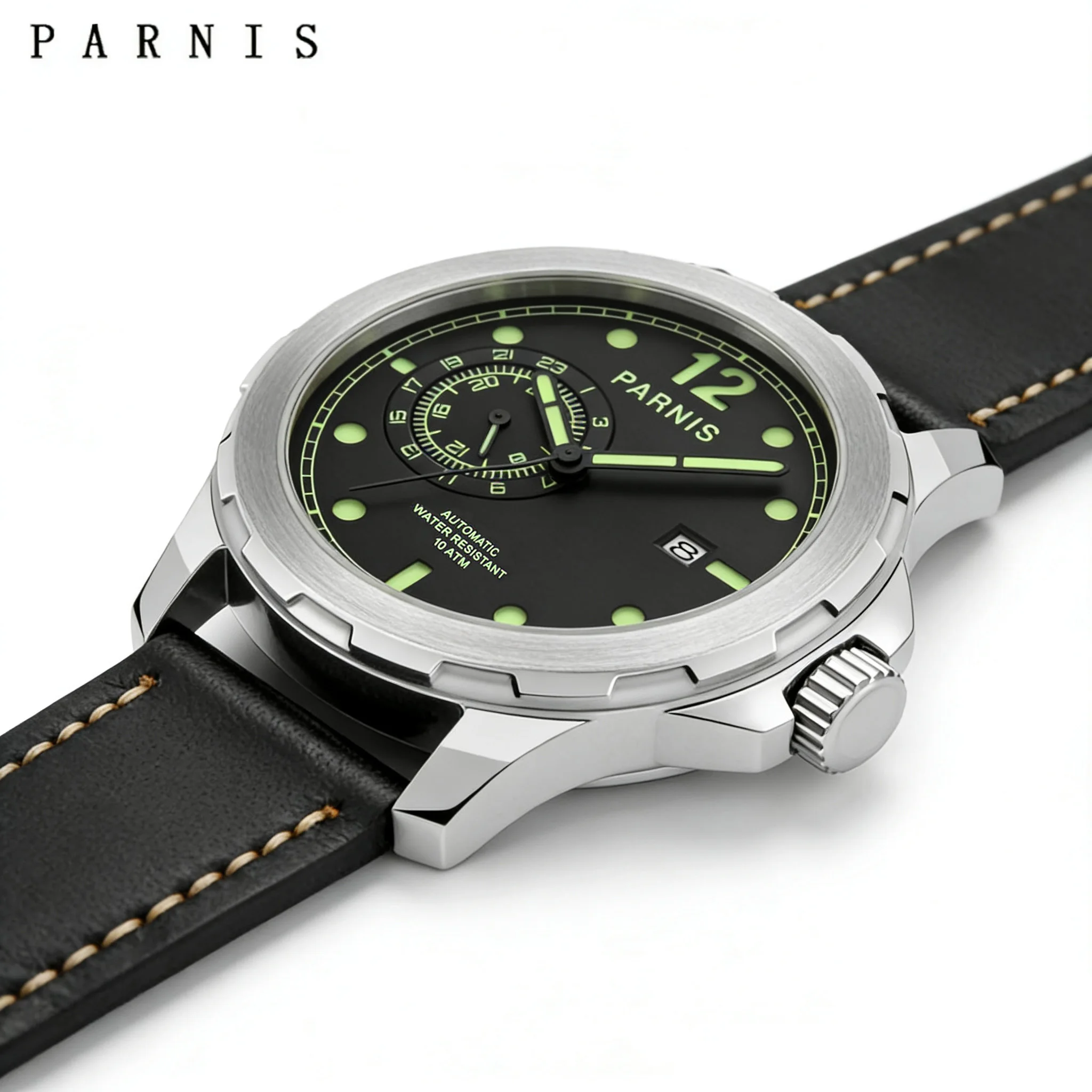 

Мужские автоматические механические часы Parnis, 44 мм, серебряный корпус, кожаный ремешок, светящиеся, водонепроницаемые на 100 м, подарочные часы, reloj hombre
