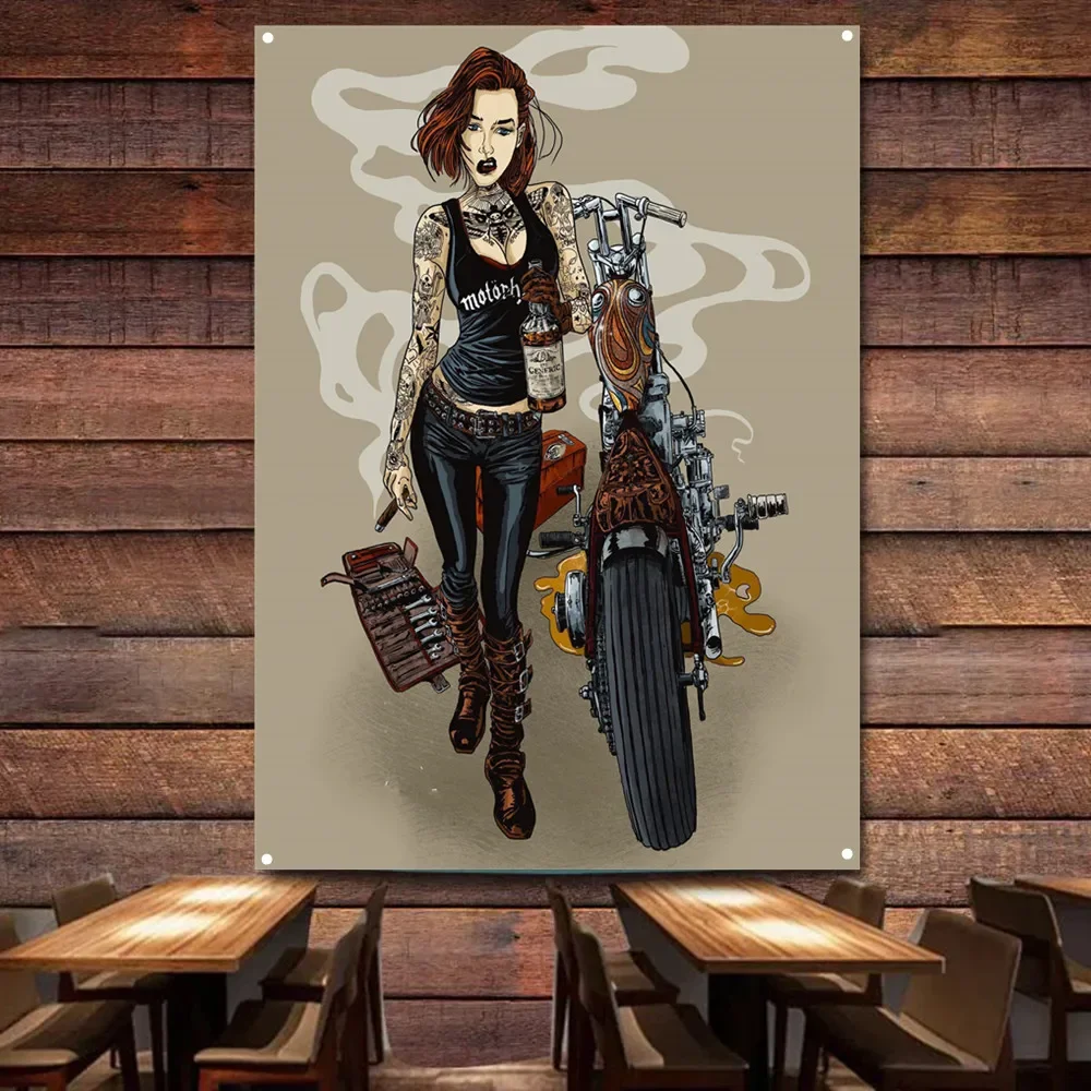 Tattoo Female Repairman Vintage Decor Banner Motorcycle Painting for Garage Gas Station Man Cave Auto Repair Shop Decor Poster