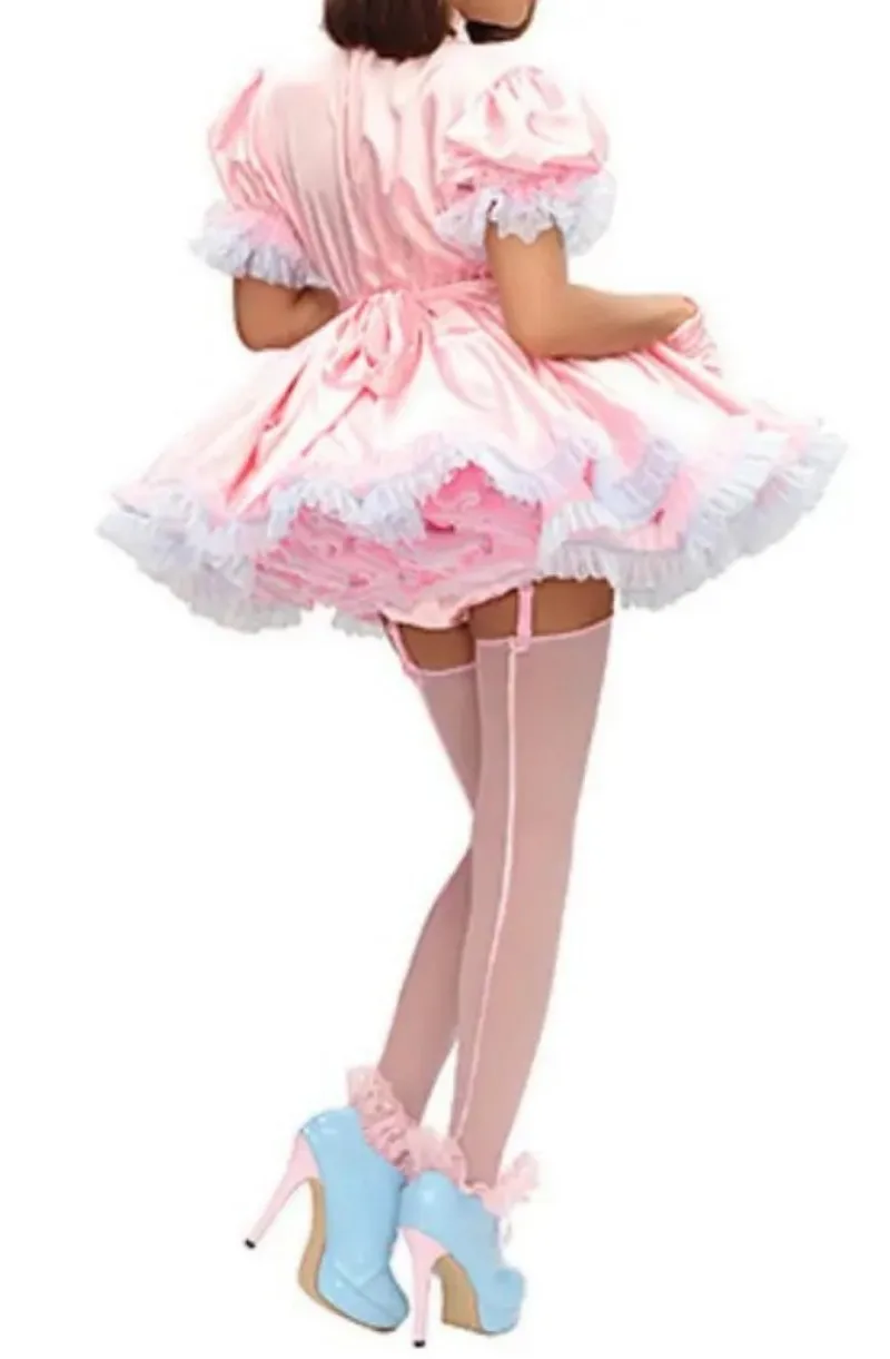 Pink satin Lockable Sissy Lace Dress for Women Cosplay Customized