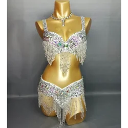 High quality Women's beaded Crystal belly dance costume wear Bar+Belt set sexy female bellydancing costumes 1618