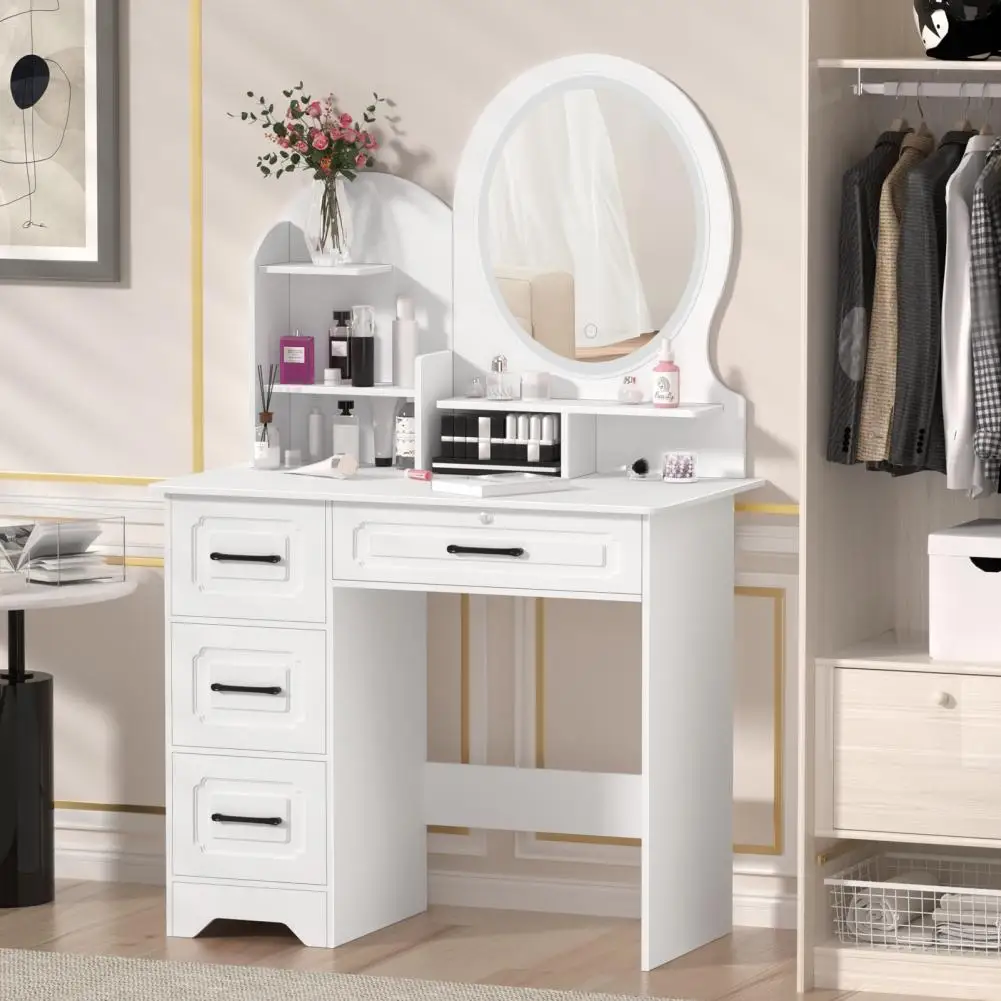 

Vanity Table Modern Partition Design Makeup Desk With Mirror/Shelves 4 Drawers Beauty Table With Light Bedroom Dressing Table