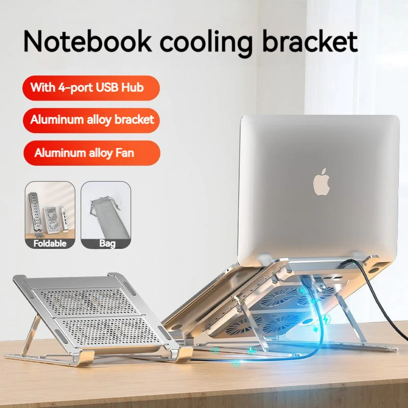 Foldable Laptop Stand with Cooling Fan Lift Notebook Holder Aluminum Alloy with Usb Splitter Hub Docking for Laptops Under 17 In