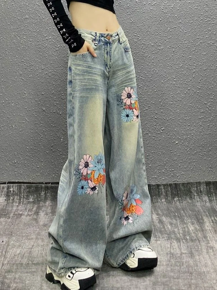 

Повседневные широкие джинсы с высокой талией и принтом Sli, женские весенние новые свободные утягивающие брюки прямого кроя длиной до пола