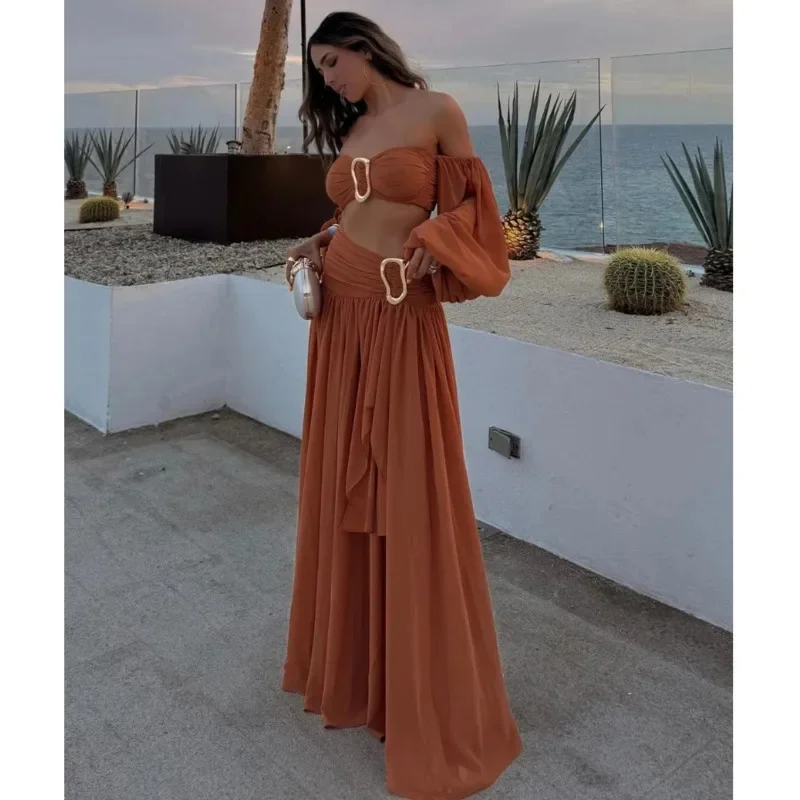 Women Sexy Pleated Crop Top Split Skirt Set Lantern Sleeve Off Shoulder Bust Wrap Top Dress Suit New Lady Holiday Party Outfit