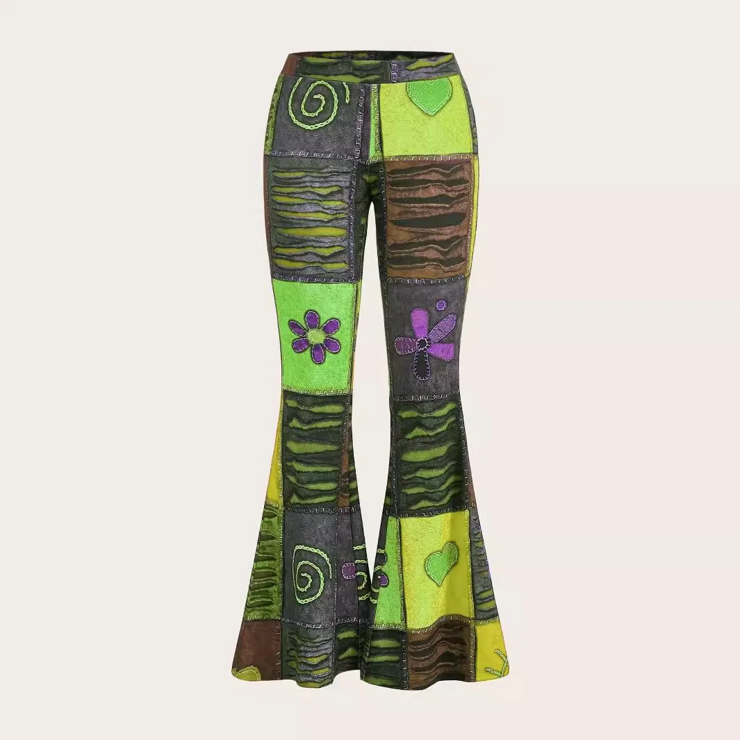 Streetwear Printed Pants Full Length Mid Waist Trousers Flare Patchwork Design Flared Pants Floral Embroidery Multi Color Pants