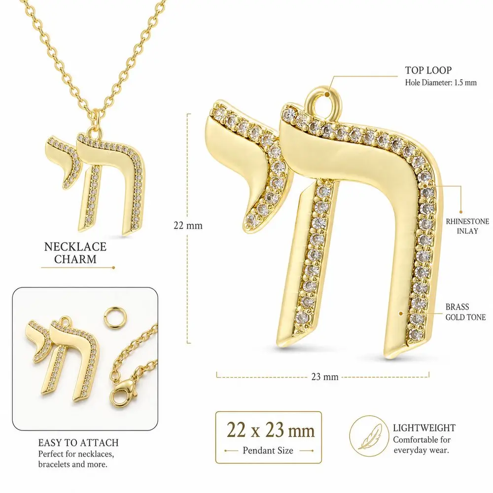 Brass Chai Pendant Rhinestone Inlay Gold Tone Hebrew Letter Pendant Top Hanging Loop Polished Finish Judaic Symbol Charm