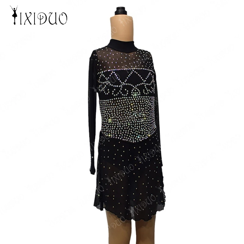 Justaucorps Aqthmique à manches longues pour femmes et filles, robe de patinage artistique, jupe noire brillante, bijoux faits à la main, performance sur scène