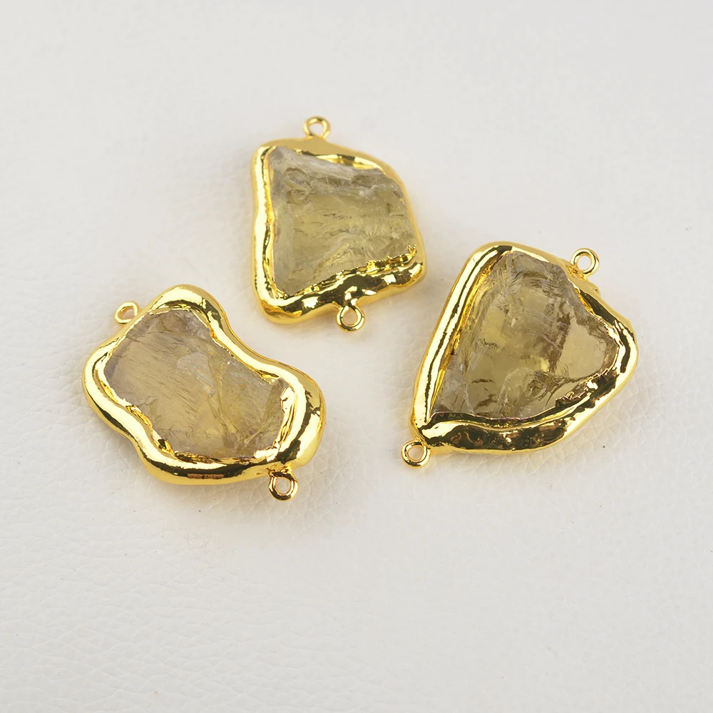 Wholesale 5 PCS Natural Yellow Citrine Rough Raw Pendant Double Ring Metal Bezel Connector