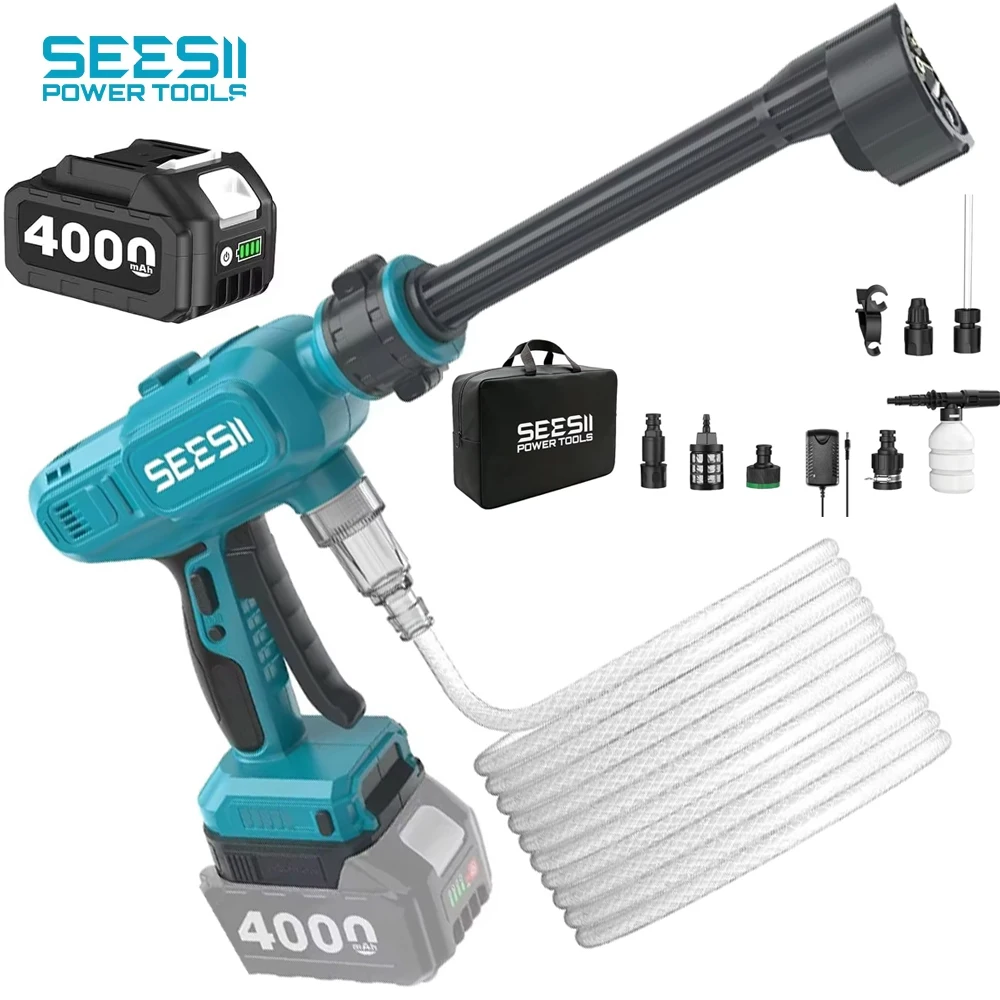 SEESII 6IN1 Brushless Electric High Pressure Car Washer Gun 86Bar Cordless Washing Water Spray Gun 1250PSI 3.0GPM with 27FT Hose & 6-in-1 Nozzle for Car Driveway Garden Patio & Fence For Makita 18V Battery Pin