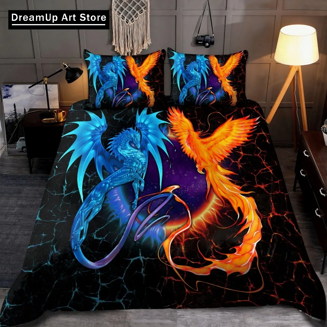 Dragon And Phoenix Duvet Cover Set Full Queen Size, Fantasy World Monster Gothic Bedding Set Bed Set Quilt Cover Pillowcase