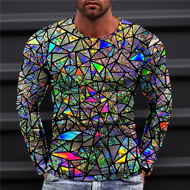 2023 Nowa jesienna męska iluzja optyczna Okrągły dekolt Koszulka z długim rękawem Drukowanie 3D Moda Top pulower T Shirty Odzież męska