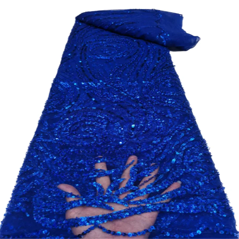 

2022 High Quality Royal Blue Sequence French Nigerian Sequins Net African Tulle Mesh Lace Fabric For Dress 5 Yards/Lot