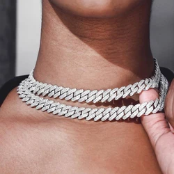 14/20MM Hip Hop Prong Cuban Link Chain Necklace for Women Bling Iced Out 2 Row Rhinestone Miami Rhombus Cuban Choker Jewelry