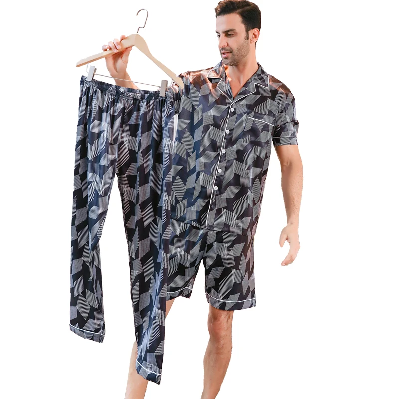 3-piece men\'s pajamas ice silk short sleeved shorts long pants thin line pattern sleepwear summer home clothing set