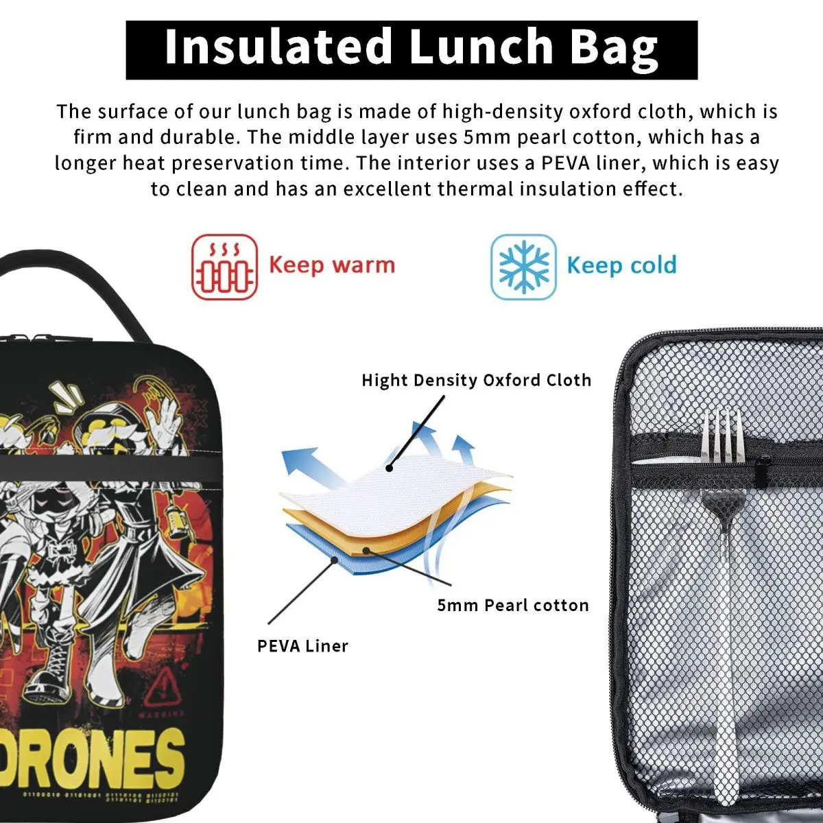 القتل الطائرات بدون طيار كوميديا عوزي حقيبة الغداء صندوق الغداء الرجعية للجنسين العمل حقيبة للحفاظ على البرودة المحمولة طباعة حمل أكياس الغذاء #3