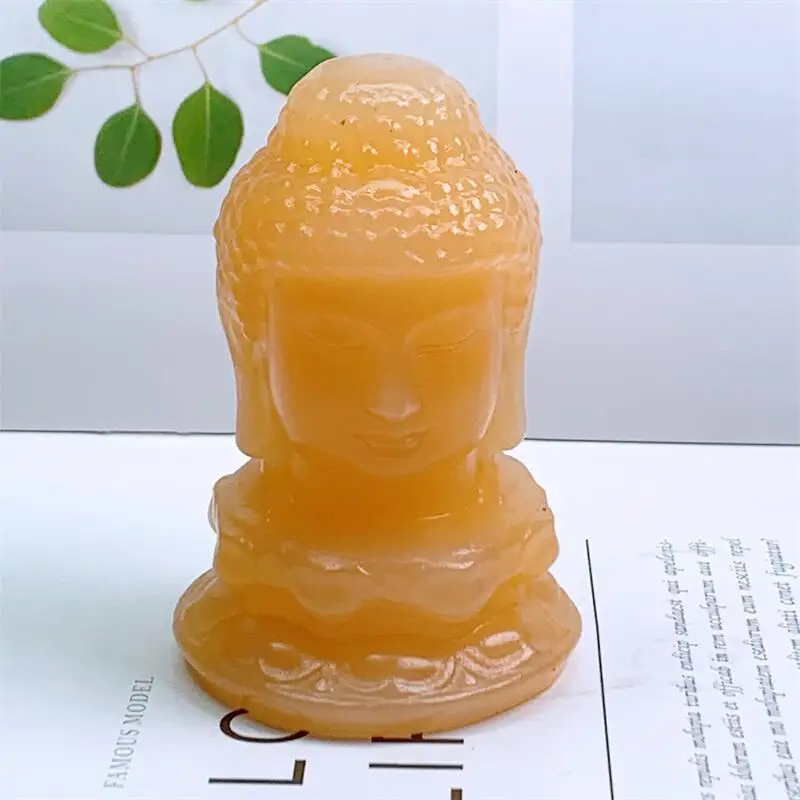 

Natural Orange Calcite Buddha Bead Carving Statue Ornament Reiki Stone Crafts Home Decoration Gifts 1PCS