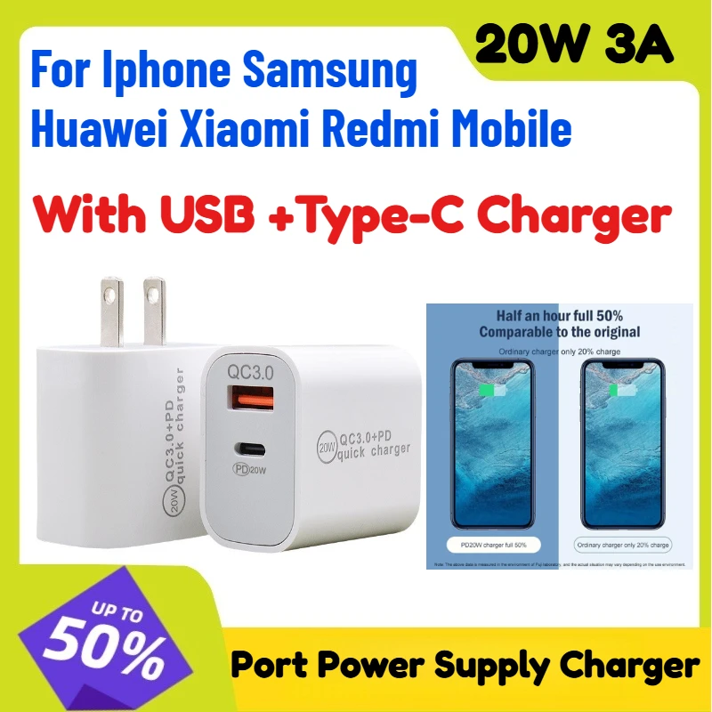 2PCS With USB +Type-C Charger Port Power Supply Charger 20W 3A Power Adapter for Iphone Samsung Huawei Xiaomi Redmi Mobile