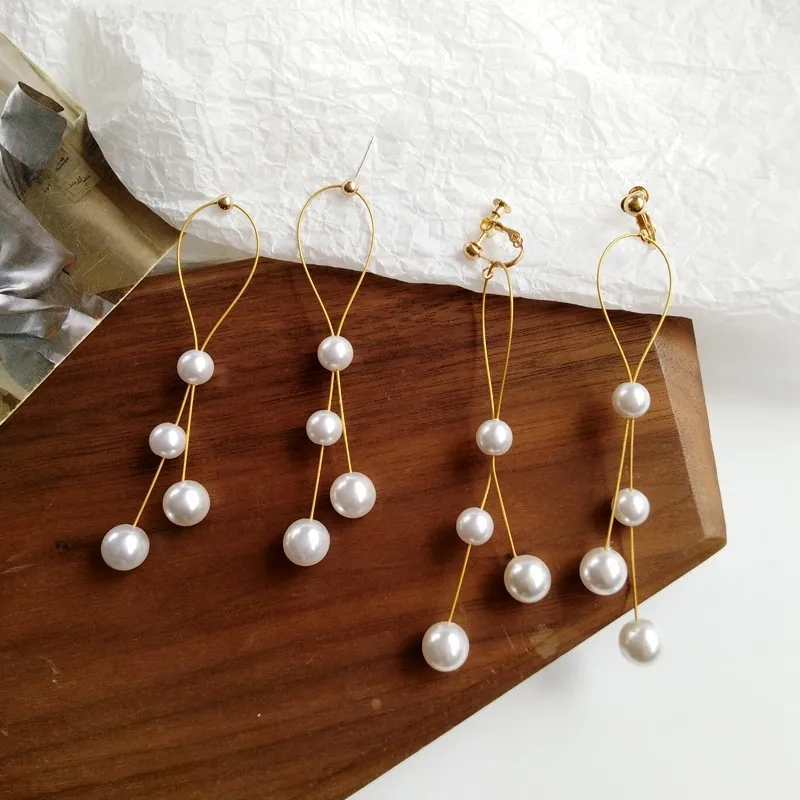 Temperament Long Imitation Pearl Tassel Clips Earrings for Women Without Piercing Pendant Clip Earring Wedding Party Jewelry