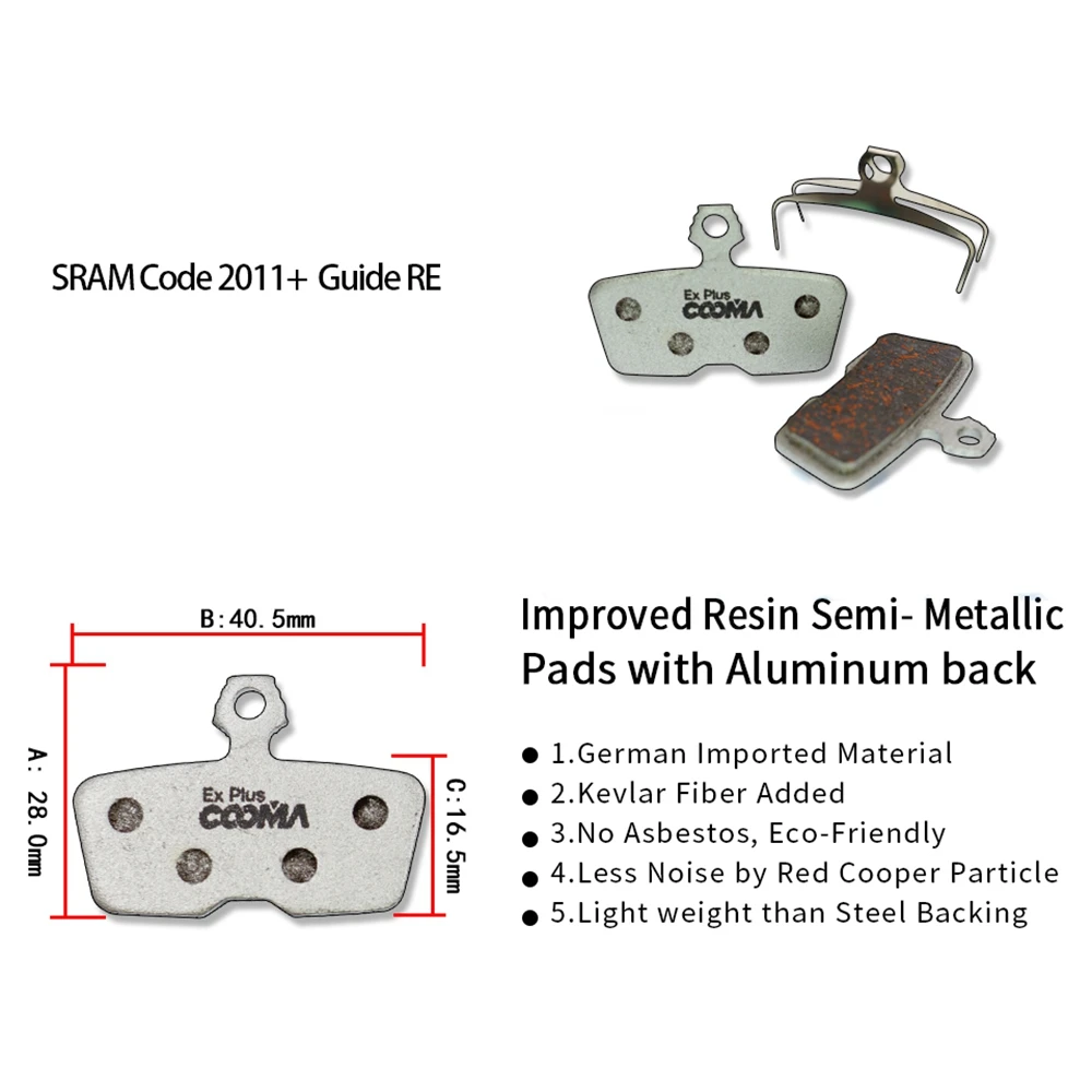 COOMA SPORT 4 Pairs Ex Plus Bicycle Disc Brake Pads for AVID SRAM Code 2011+Code R Guide RE Disc Brake,Alu-Alloy