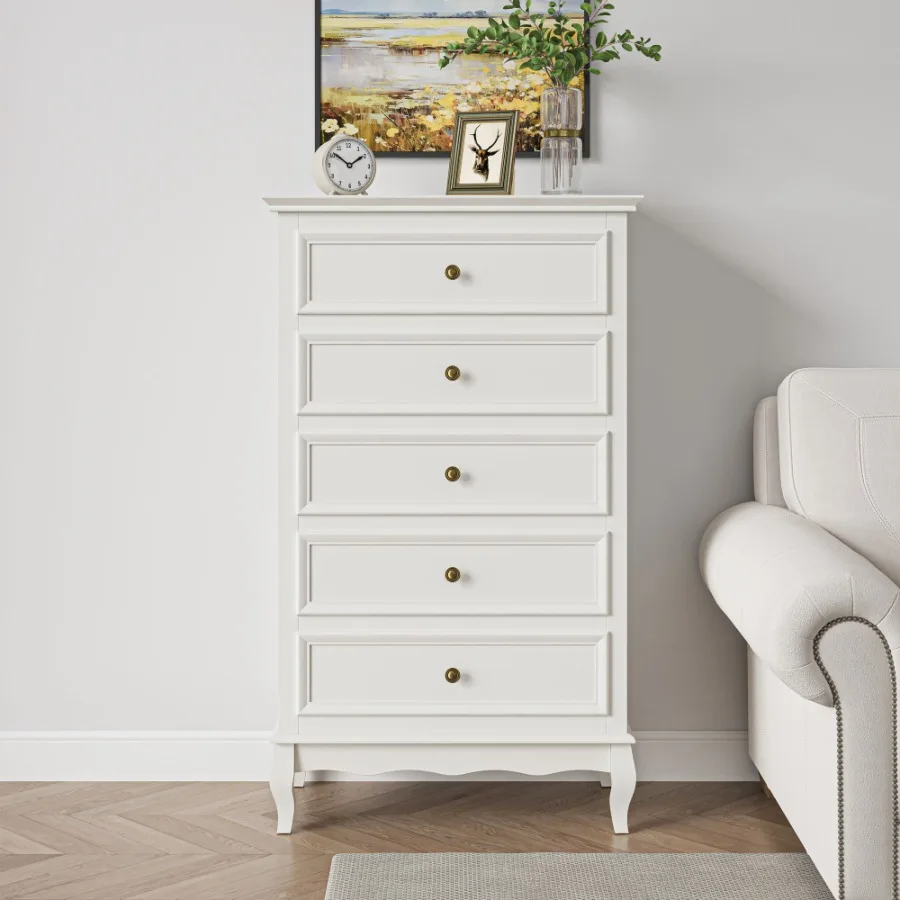 

5 Drawer Dresser for Bedroom Modern Storage Closet Cabinet Organizerwith Solid Wood Legs and Painted FinishWhite