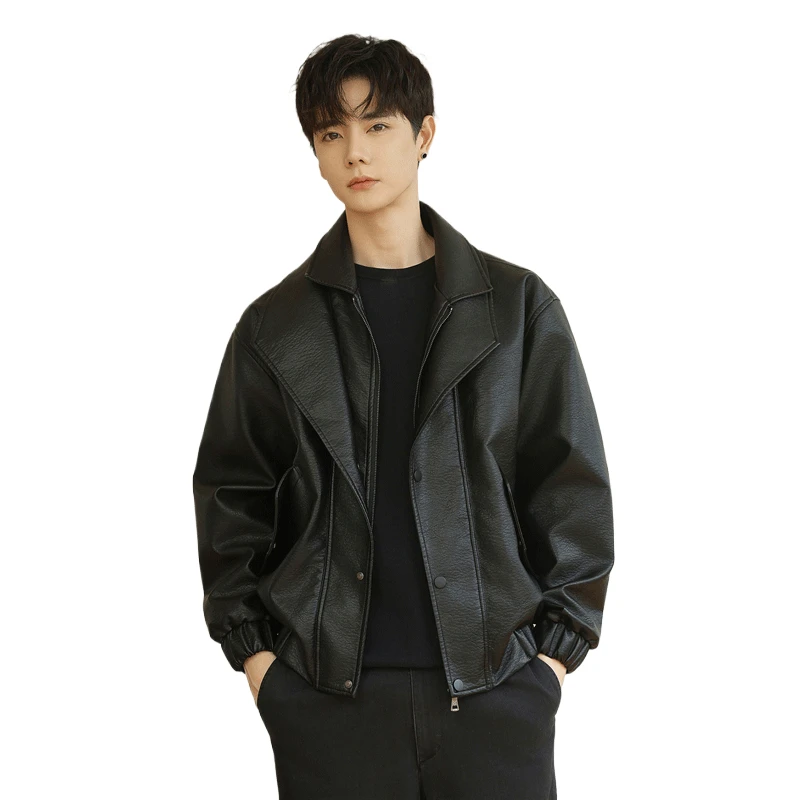 

Autumn New Youth Vacation Two Piece Collar Men's Outdoor Leather Jacket Fashion Trendy Casual Leather Jacket Fleece Clothes
