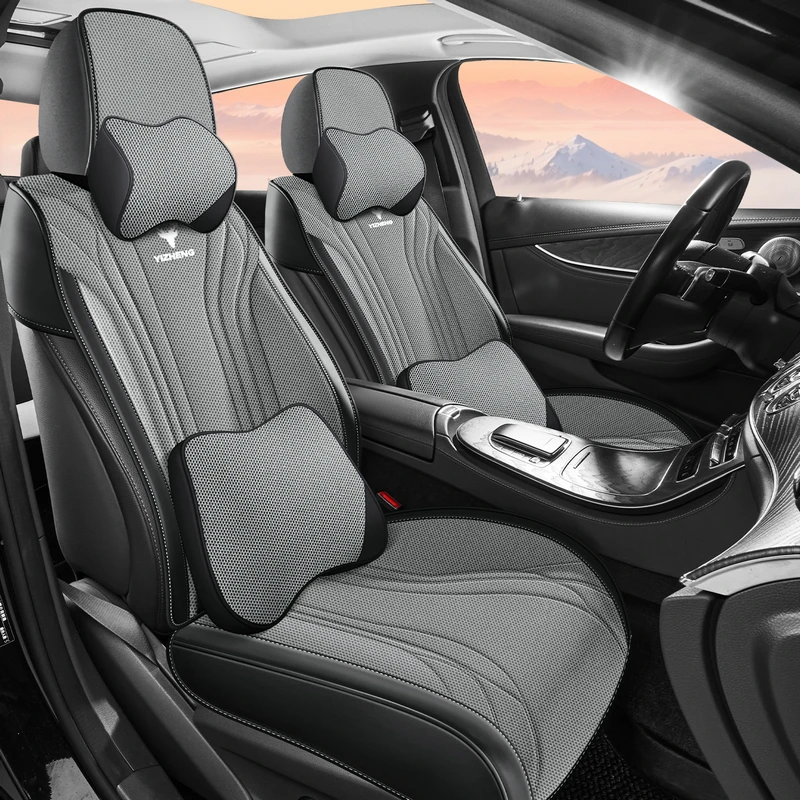 (Luxury Edition) Single Front Seat, Equipped with 1 Soft Headrest and 1 Comfortable Lumbar Support, Luxurious Linen Car Seat Cushion, Universal, Comfortable, Breathable, Easy to Care For, Suitable for All Seasons, Wear-Resistant, Fits Perfectly with the Original Car Seat, Washable and Easy to Maintain, Three-Dimensional Design, Enhances Your Driving Experience, Available in Five Colors, Suitable for Sedans, Suvs, Pickup Trucks and Other Various Models