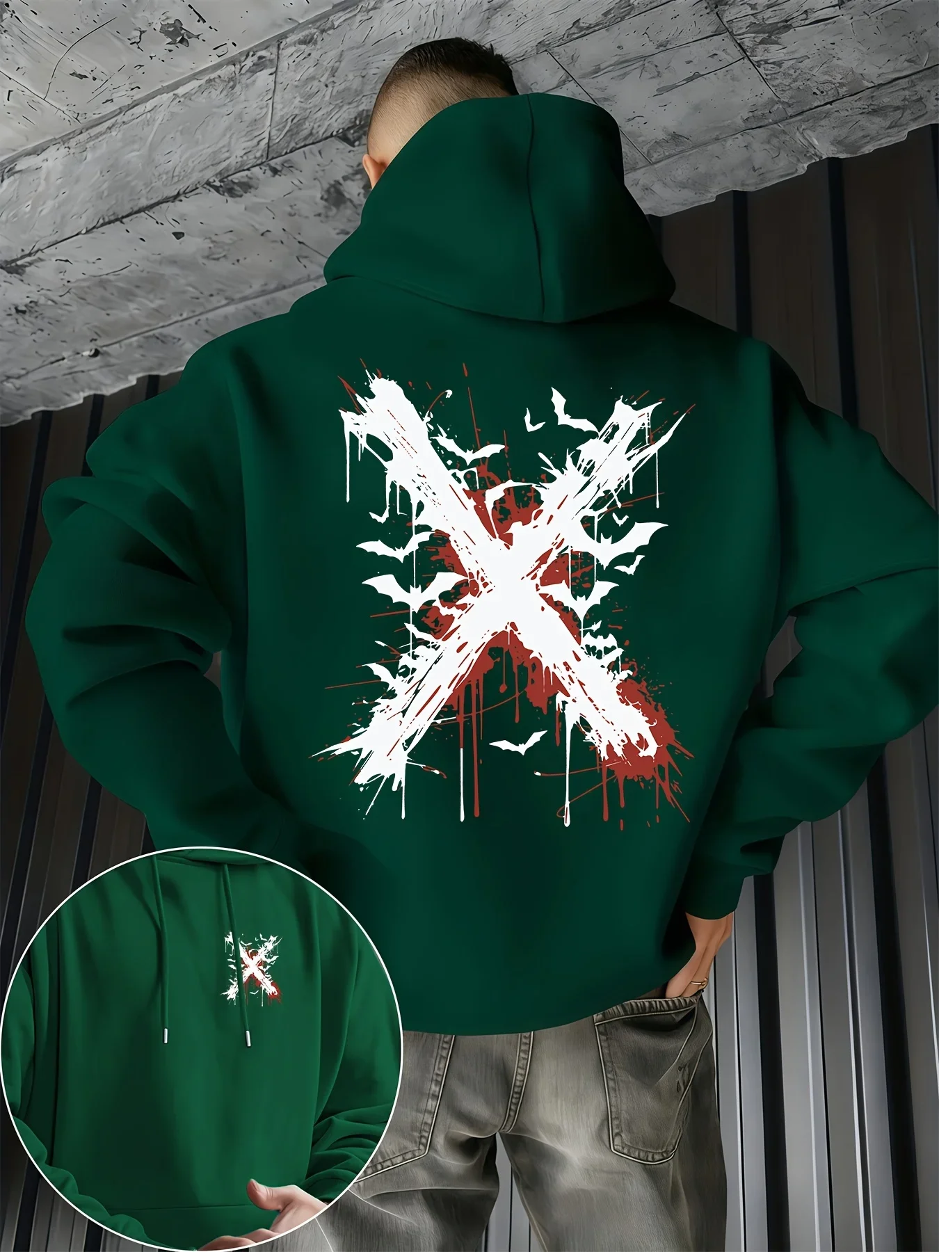 Vintage Grunge X Mark Bat Splash Ink Print Hoodie For Men Autumn Winter Punk Urban Style Oversized Unisex Fleece Pullover