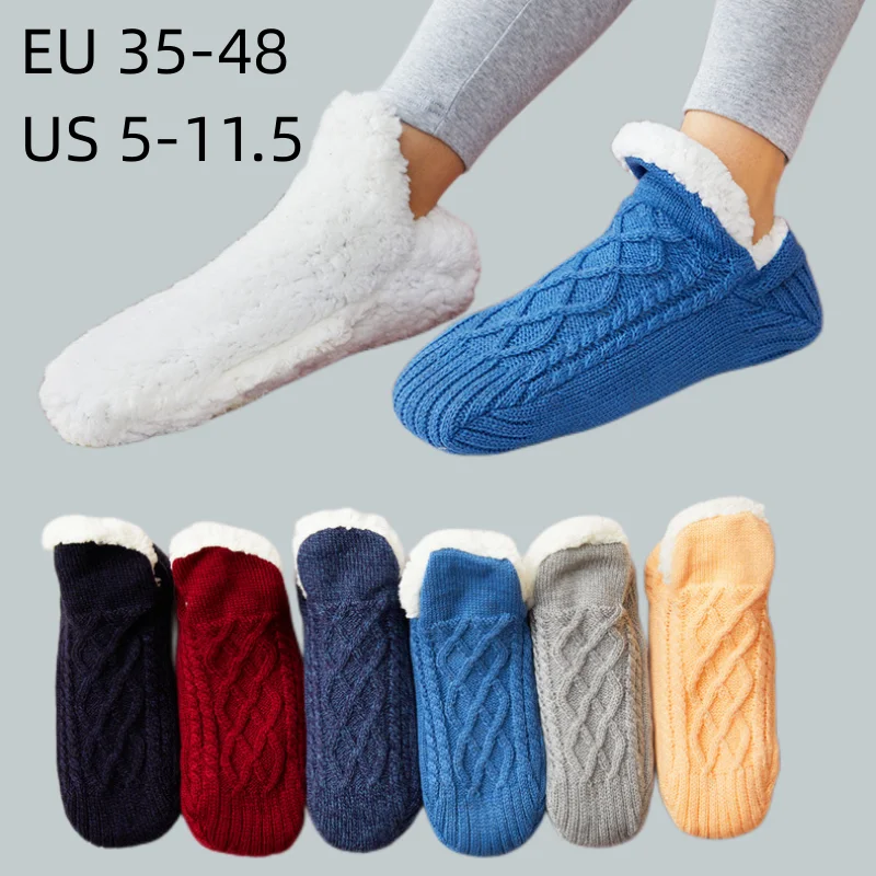 Women Knitted Slipper Socks Cozy  Fuzzy Socks Non Slip Socks Winter Indoor Double Layer Bedroom Slipper Socks EU35-48 US 5-11.5