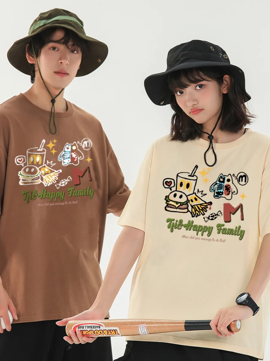 Cat Fort French Fries Couple T-Shirt 2024 New High Quality Cotton Short Sleeve Summer Casual T-Shirt