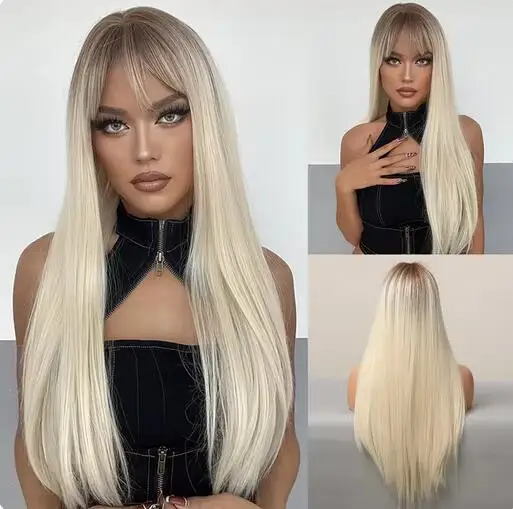 

Platinum Ombre Synthetic Wigs Cosplay Silky Long Straight Wig with Bangs Dark Root Party Hair Wig for Women Heat Resistant Fiber