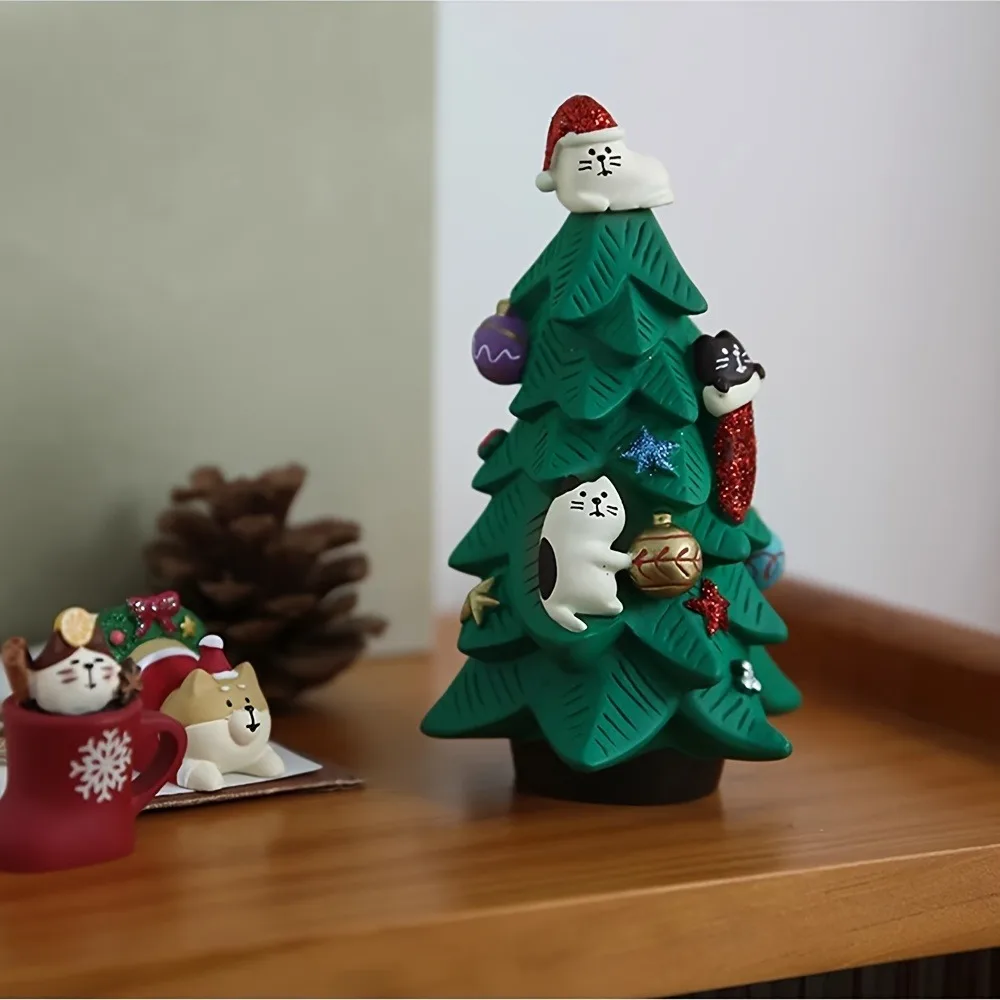 Árbol de Navidad de resina para gatos, Mini árbol de Navidad Adorable con figuritas de gatitos y gatos, decoración del hogar y la Oficina, regalo de Navidad