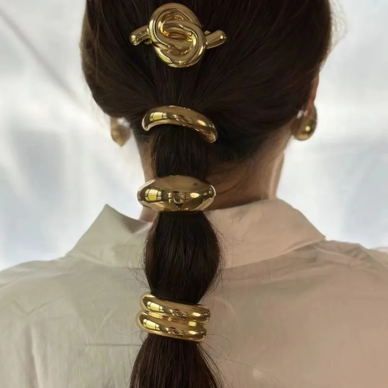 2024 New Metal Fashion Geometry Hair Rings Golden Alloy Hairband Ponytail Hairloop Headwear Women Vintage Jewelry Accessories