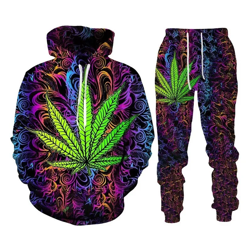 Colorful Maple Leaf Hooded Sweatshirts 3D Printed Hoodie Trouser Tracksuit Suit Men Casual Pullover Sweatshirt Set Men clothing