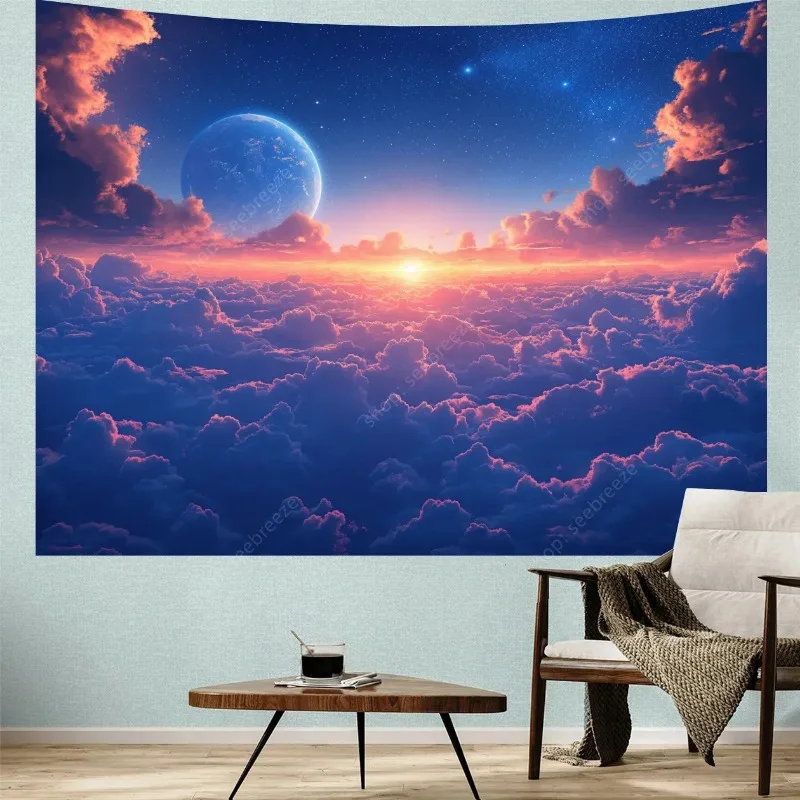 Psychedelic Moonrise Cloudview Tapestry Wall Hanging Enigmatic Night Sky Tapestry Aesthetic Boho Home Wall Decor Curtain blanket