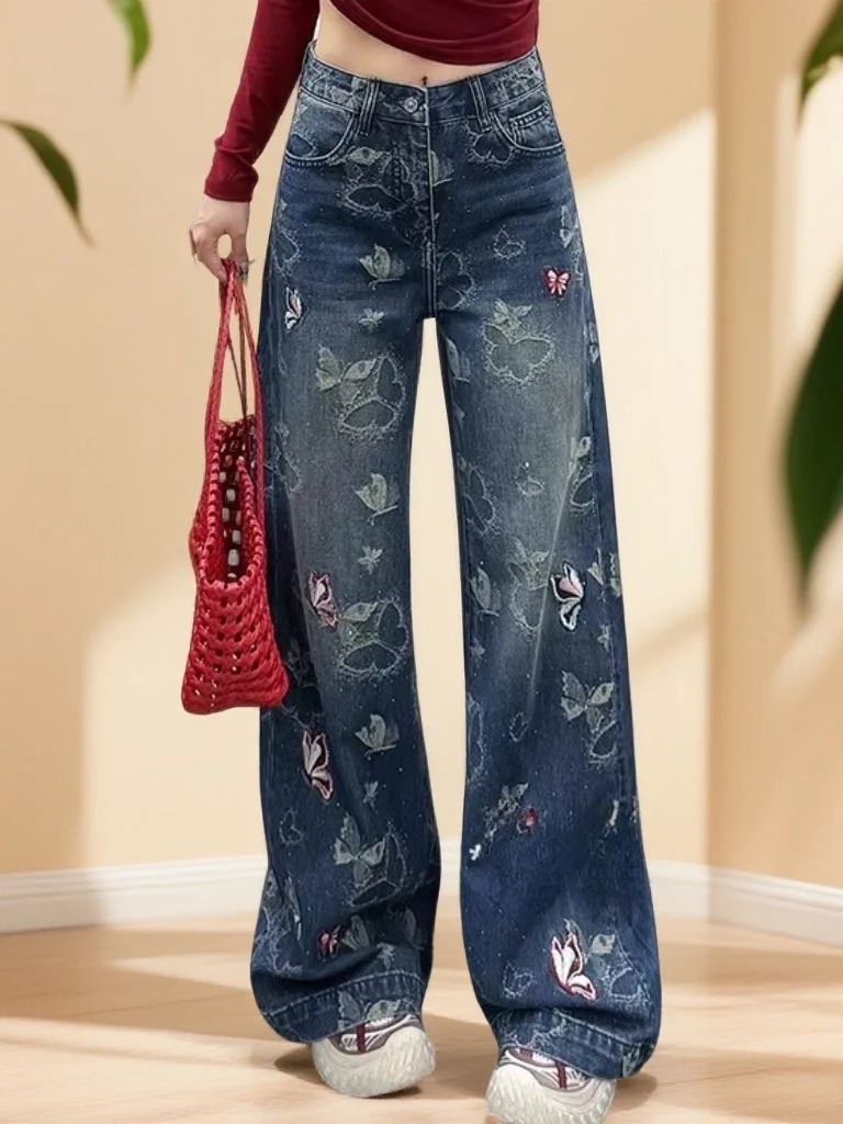 

Faionable Rhinestone Wide Leg Pants High Waist Slim Straight Denim Jeans New 2026 Women's Casual Embroidered Casual