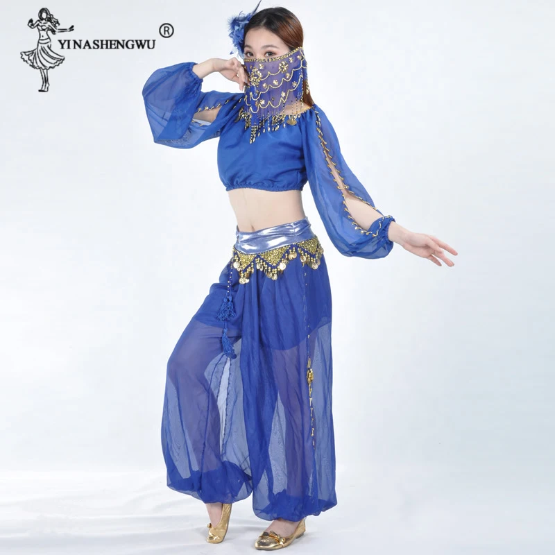 Women Sexy Bollywood Belly Dance Costume Set Indian Sari Bellydance Pants Suit Chiffon Veil Bellydance Performance Bloom Suit