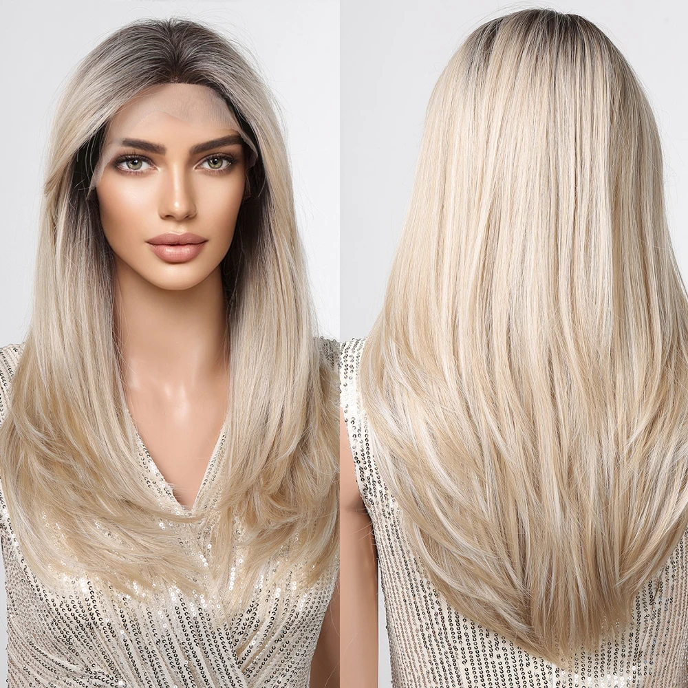 LOUIS FERRE brązowa blond Ombre syntetyczna koronka peruka Front długa prosta sztuczne włosy peruka dla kobiet codzienna Cosplay koronkowa peruka z