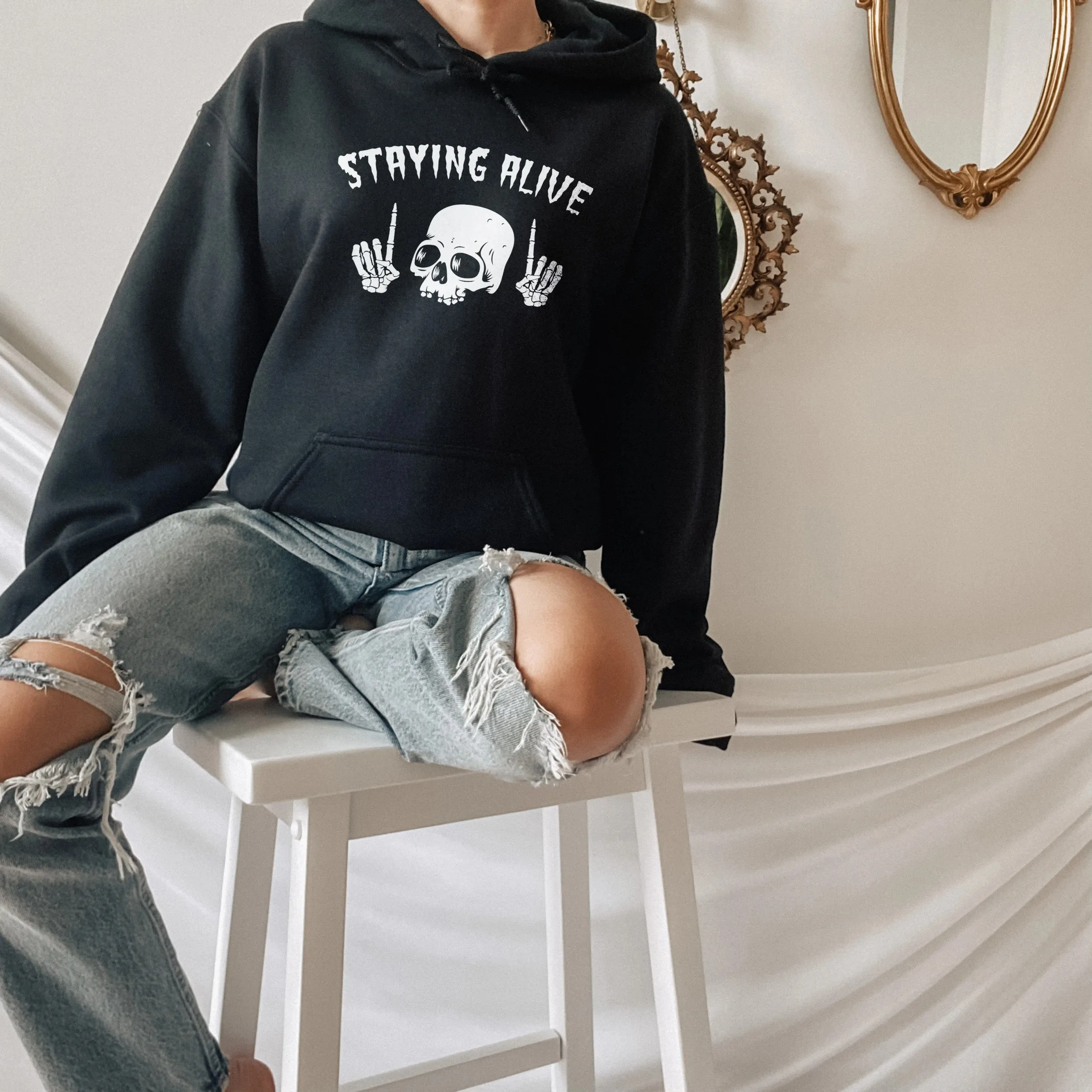 

Осенне-зимняя хлопковая толстовка с капюшоном в стиле панк «Staying Alive Skull Hands», модная толстовка для выживания — тематическая толстовка