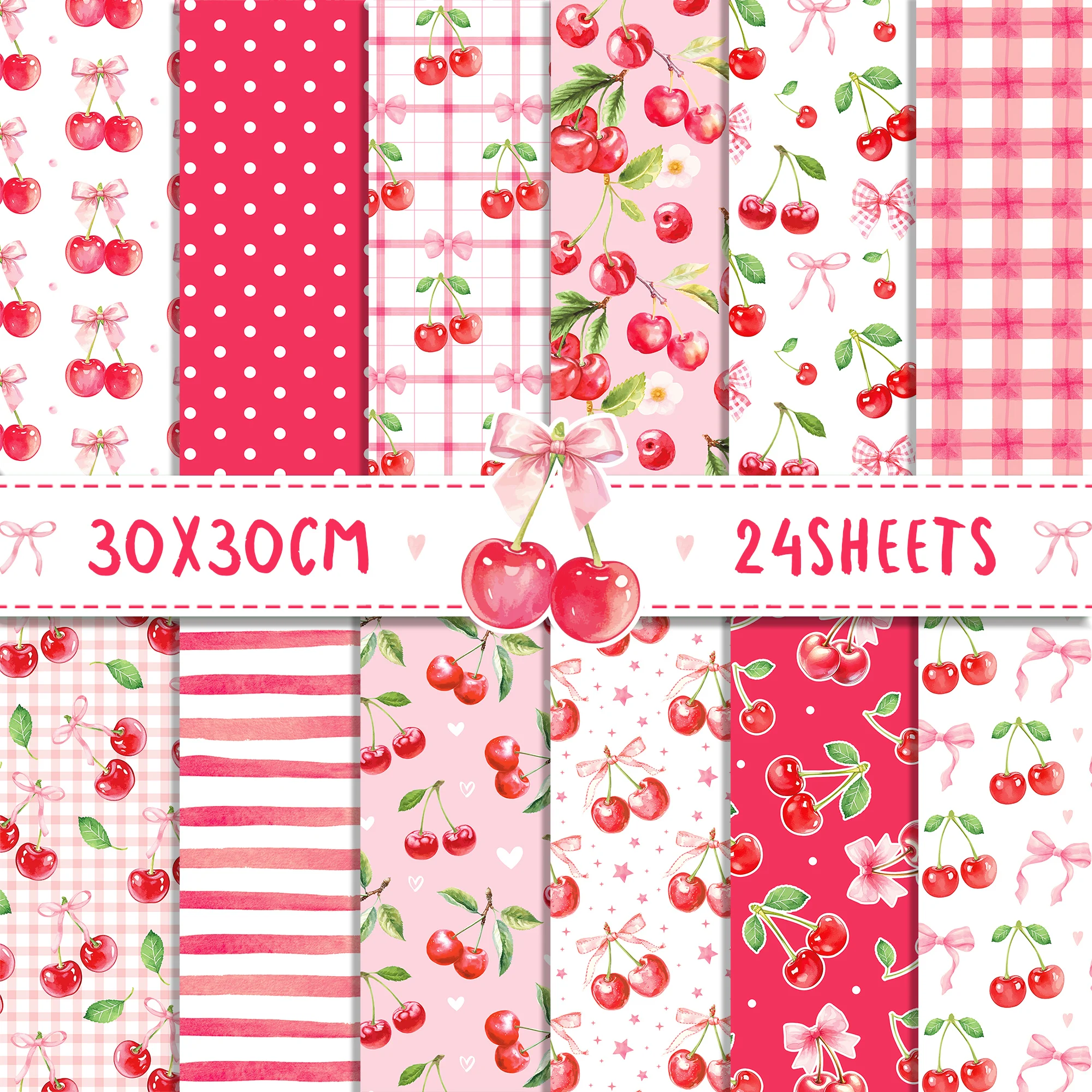 24pcs Sweet Pink Cherry Theme DIY Scrapbook Craft Paper Art Background Paper Origami Card Making Photo Album Decoration