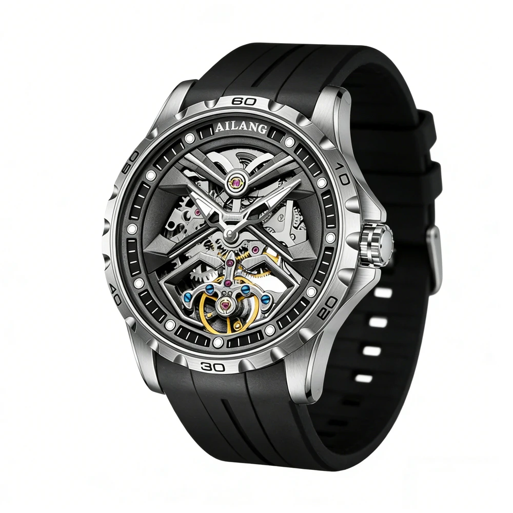 

Новые роскошные мужские часы AILANG с турбийоном, спортивные, с силиконовым ремешком, водонепроницаемые, светящиеся, модные, механические, скелетонизированные