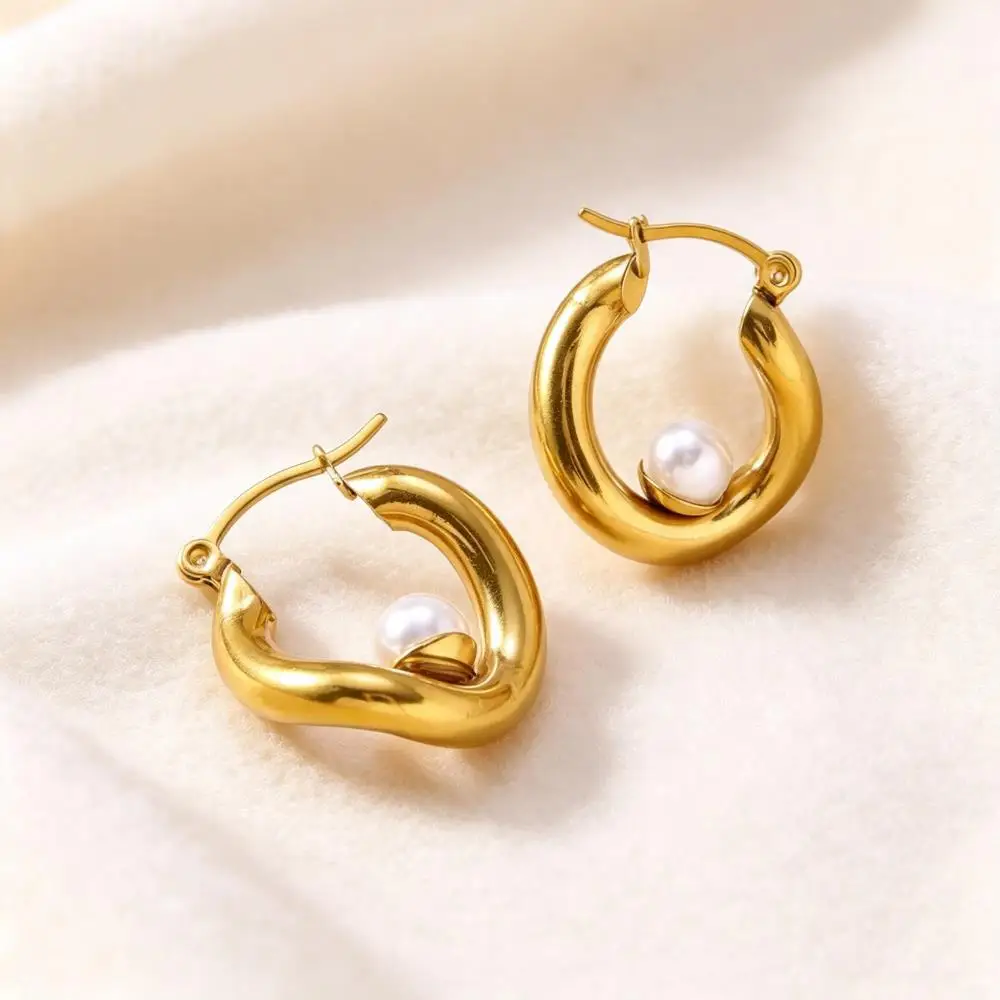 Stainless Steel Hoop Earrings For Women Gold Color Female Synthetic Pearl Beads Small Ear Buckle Wedding Party Jewelry