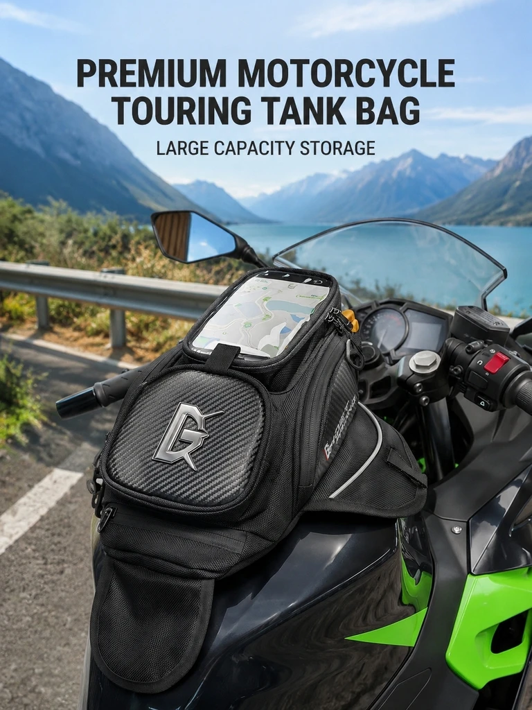 Motorcycle Magnetic Tank Bag Touch Screen Navigation Waterproof Oil Fuel Tank Bag with Shoulder Strap Carbon Fiber Motorbike