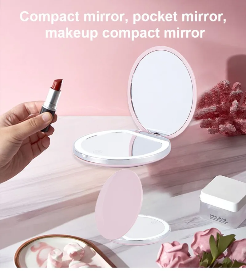 Portátil Handheld Pocket Makeup Mirror, Vanity Table Folding, Luzes LED, Compacto, Pequeno, Mini, 3X Lupa