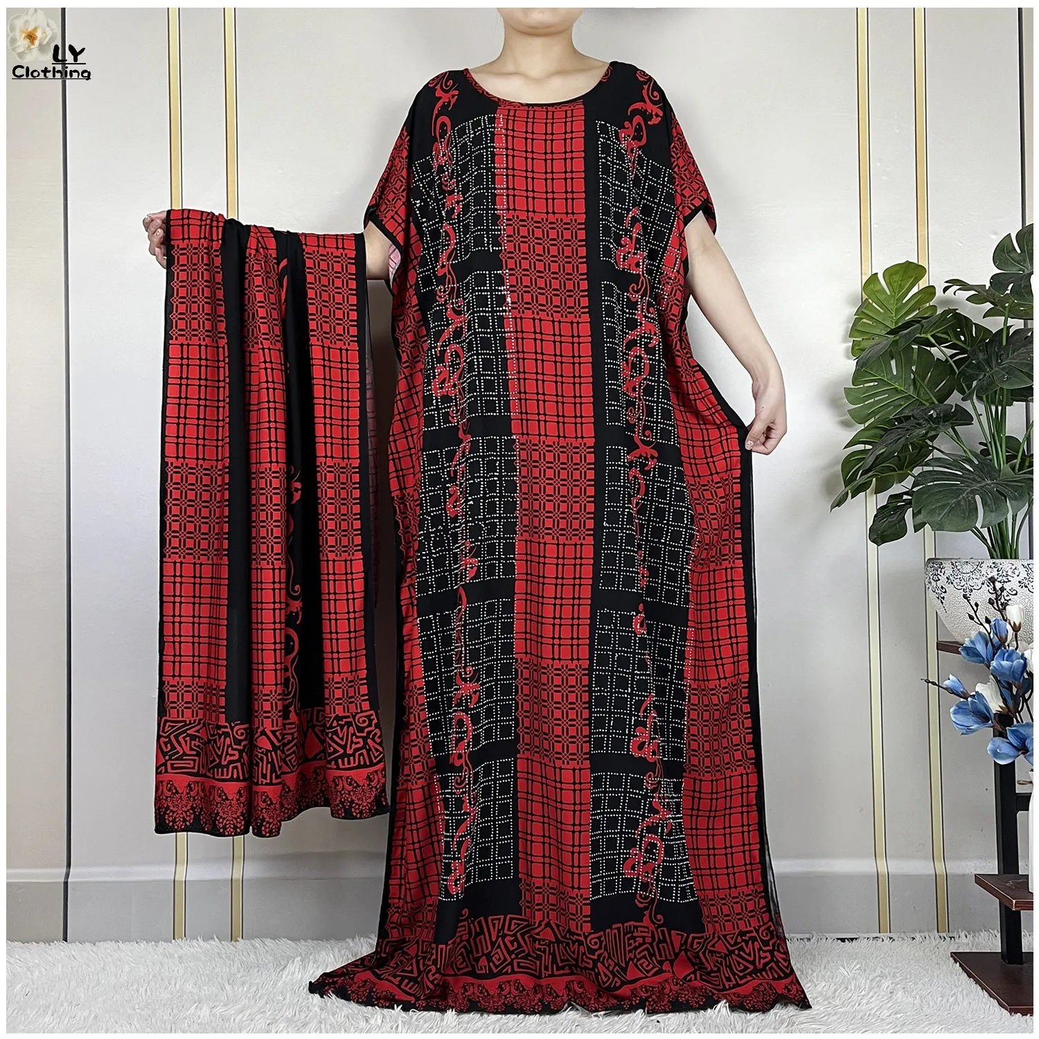 New Muslim Summer Short Sleeve Cotton Dresses With Big Scarf Loose Fashion Printing Casual Robe African Maxi Women Abaya Clothes