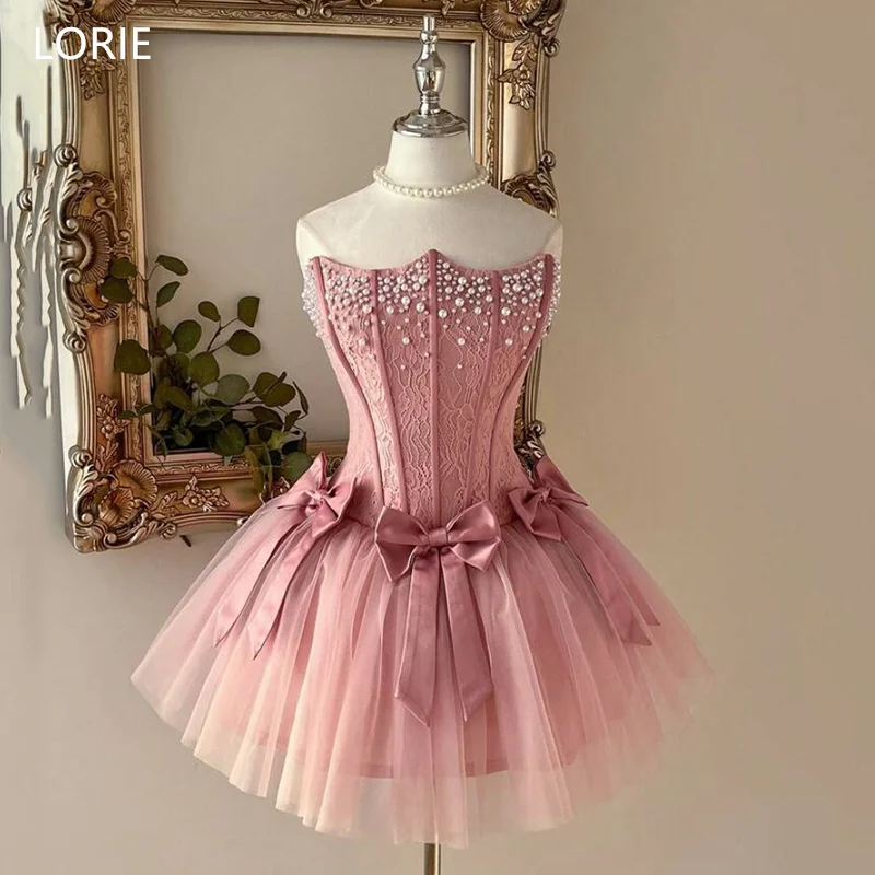 

LORIE Exquisite Pink Evening Dress Mini Strapless Beading Lace Party Dresses Bow A-Line Ball Prom Gowns Customized
