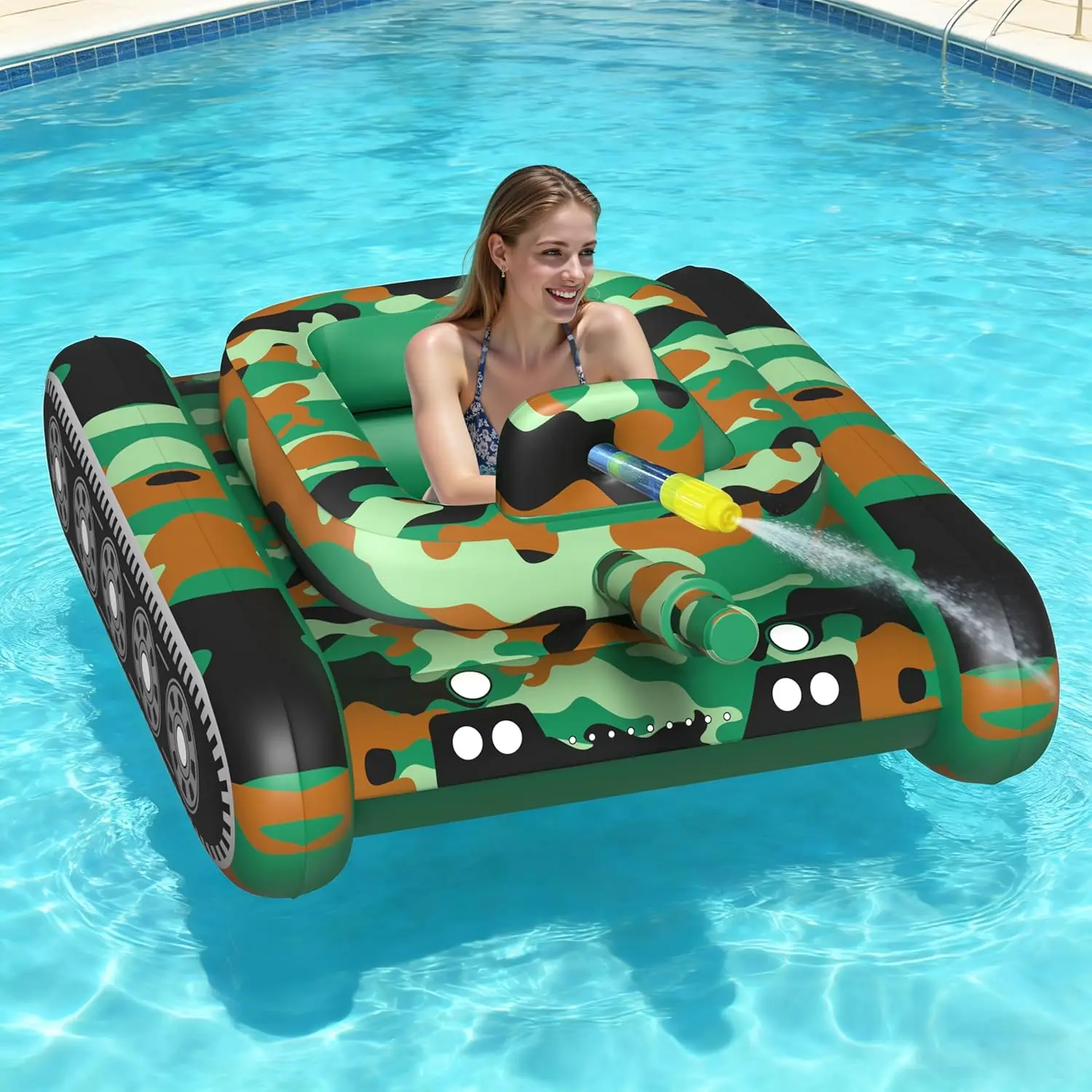 

Inflatable Tank Pool Float, Swimming Pool Floaties Tank with Water Cannon Gun, Swim Raft Water Battle Fun for Lake, Pool Part