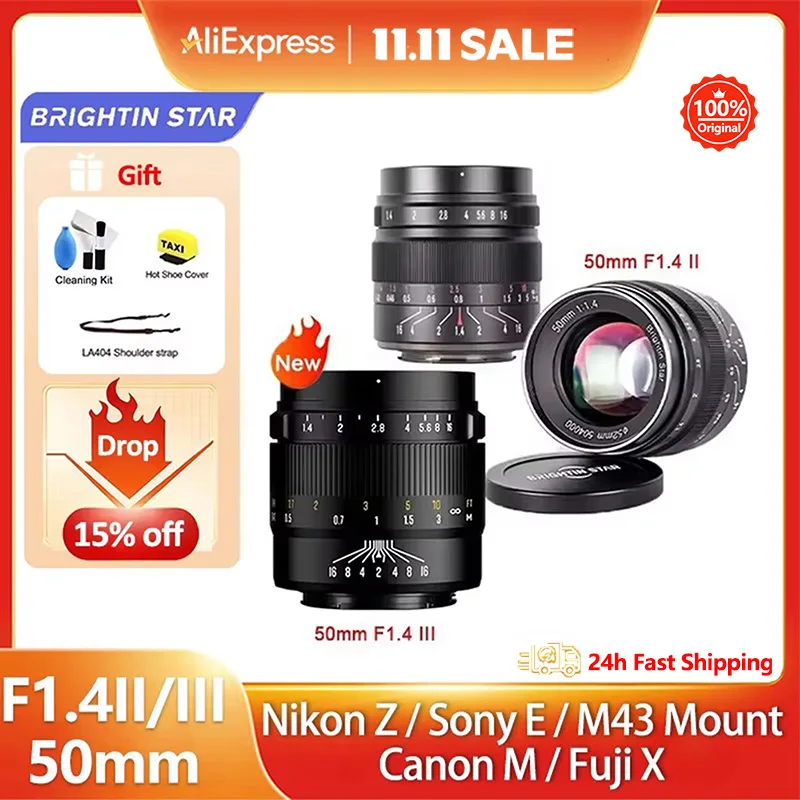 Brighting Star 50 mm F1.4 II APS-C manuelles Objektiv mit großer Blende für Canon RF EOS M100 Sony E A7iii A6400 Fujifilm XF XT30 M43 Halterung