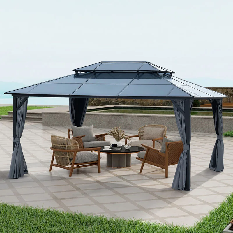 Gazebo Polycarbonate Double Roof Canopy Outdoor Aluminum Frame Pergola Permanent Pavilion Netting Curtains Garden Patio Lawns