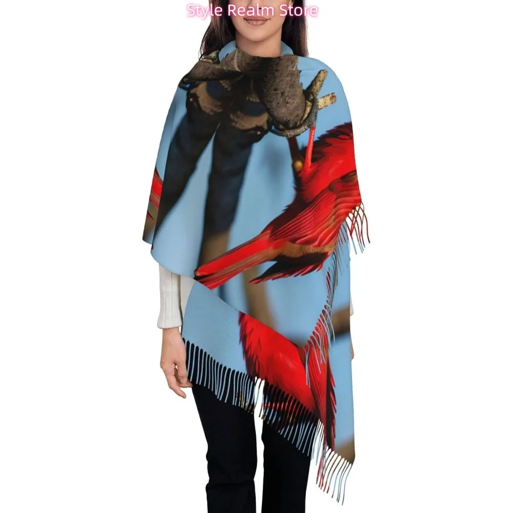 Beautiful Red Bird Print Polyester Scarf Breathable Fashion Accessory For Travel And Everyday Wear